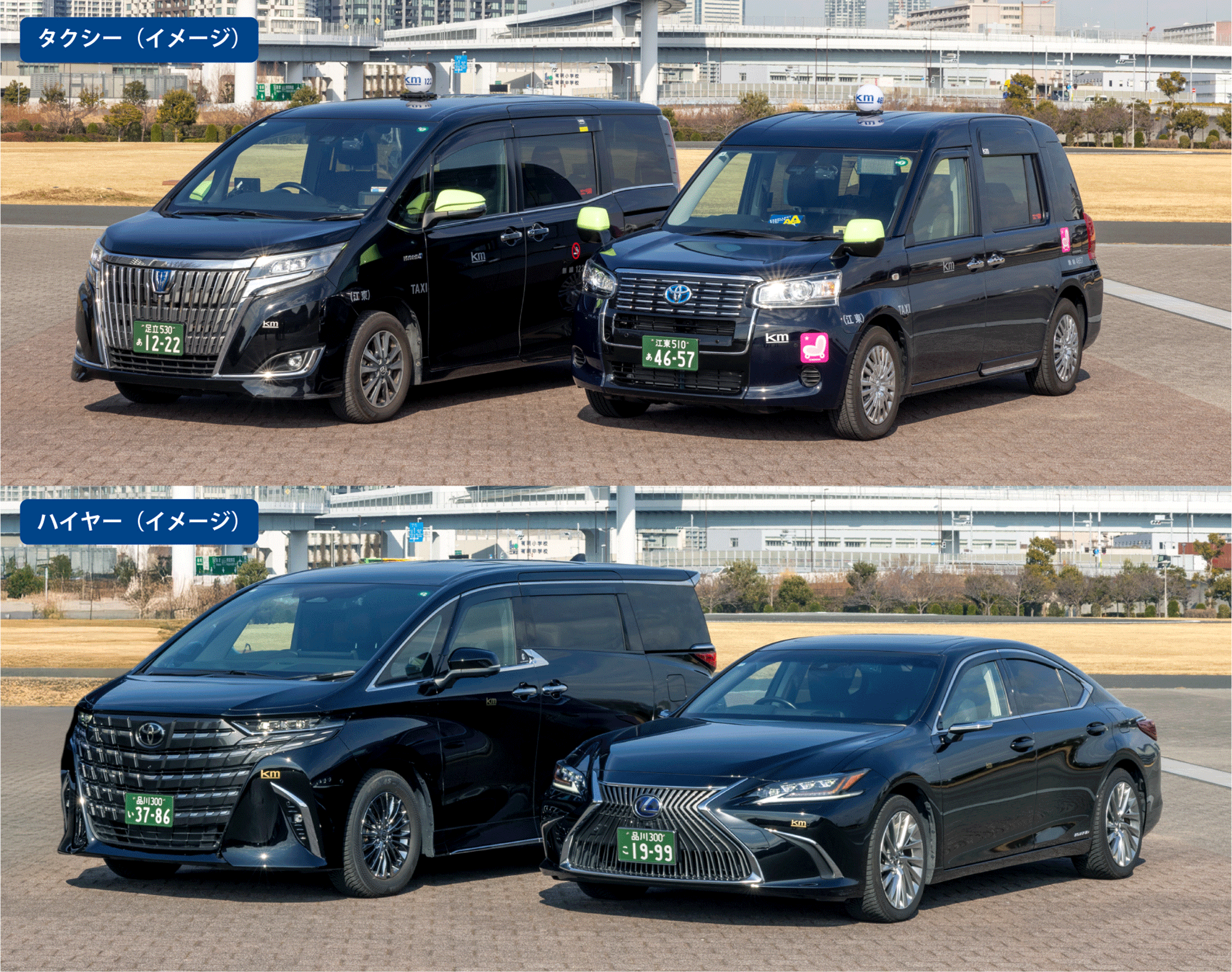 観光タクシーと観光ハイヤーの車両イメージ